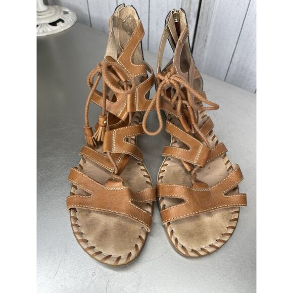 Pikolinos Sandals Tan Leather Womens Size 40 US 9.5-10 Lace Up Gladiator - Picture 5 of 5